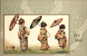 Best Wishes Little Girls Japanese Kimono Parasol c1910 Vintage Postcard
