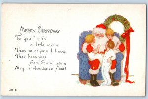 Christmas Postcard Santa Claus And Children Wreath Berries c1910's Antique