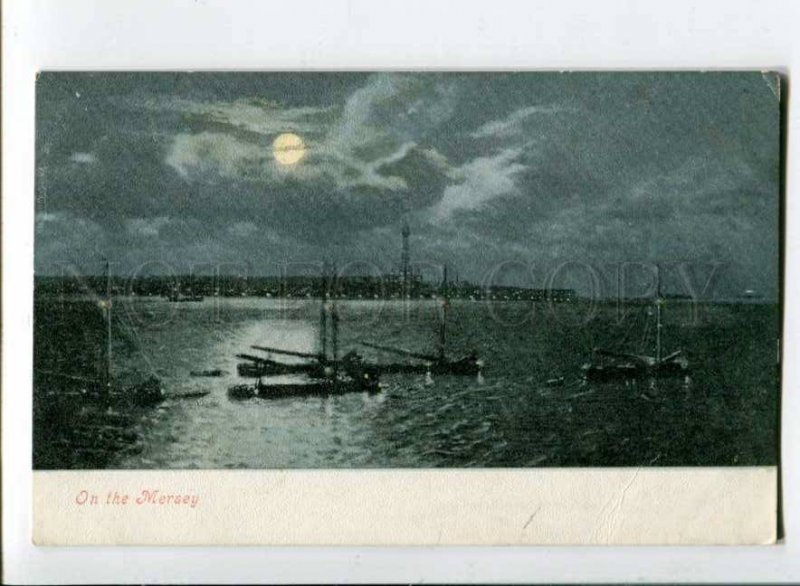 299989 UK On the Mersey MOONLIGHT LIGHTHOUSE Vintage 1904 year RPPC