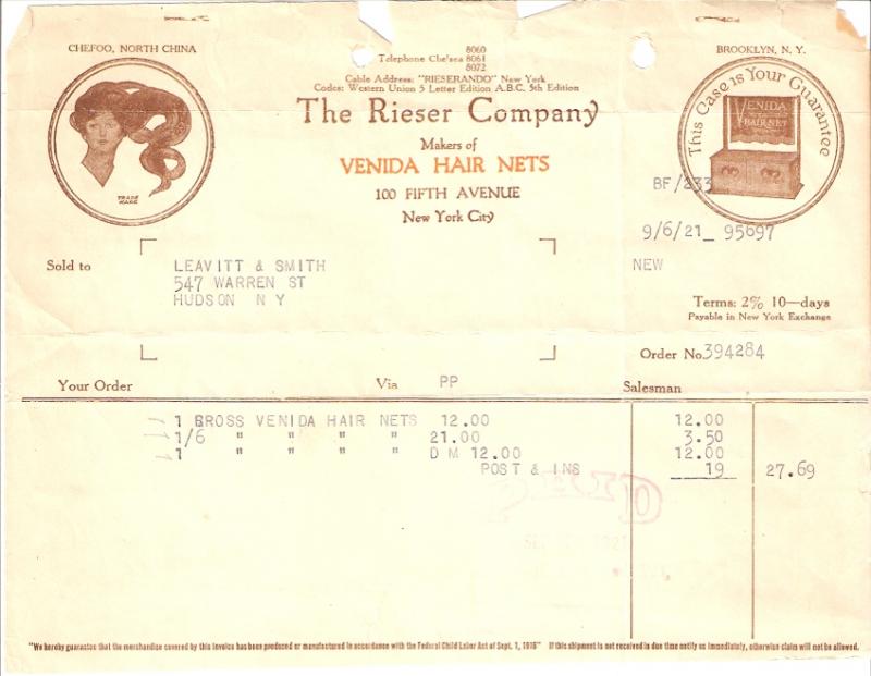 Rieser Co Brooklyn NY 1921 invoice