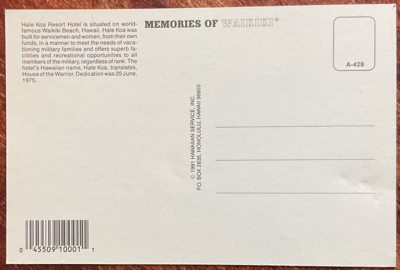 Hale Koa Hotel Waikiki Beach Hawaii Unused Post Card