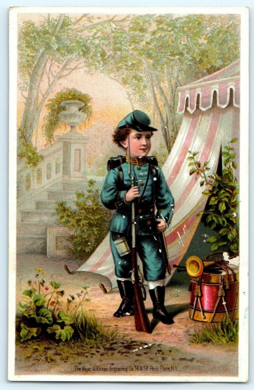 1880s US Military Band Boy Soldier Atlantic Pacific Tea Trade Card Knapp Eng C16