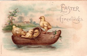 Vintage Postcard 1907 Easter Greetings Little Chicks In Large Shoe Boat Greeting