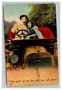 Vintage 1913 Humor Postcard Couple in Antique Auto Colorized Photo