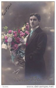 RP; Hand-colored, Bonne Fete, Happy Birthday, Man in suit holding bouquet of ...