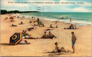 Vtg Treasure Island FL Winter Bathers St Petersburg Municpal Beach Postcard