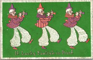 Three Clowns Playing Horns, It Looks Foolish In Print Vintage Postcard M04