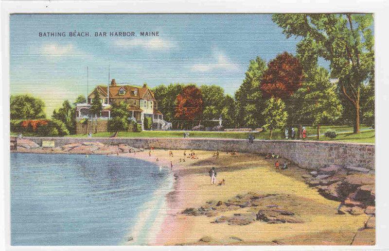 Bathing Beach Bar Harbor Maine linen postcard