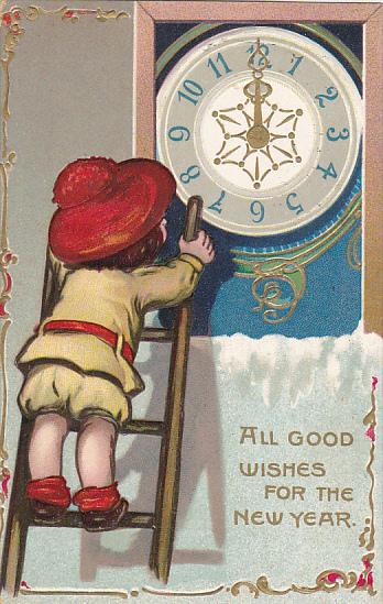 Tuck New Year Series Child On Ladder with Clock 1909