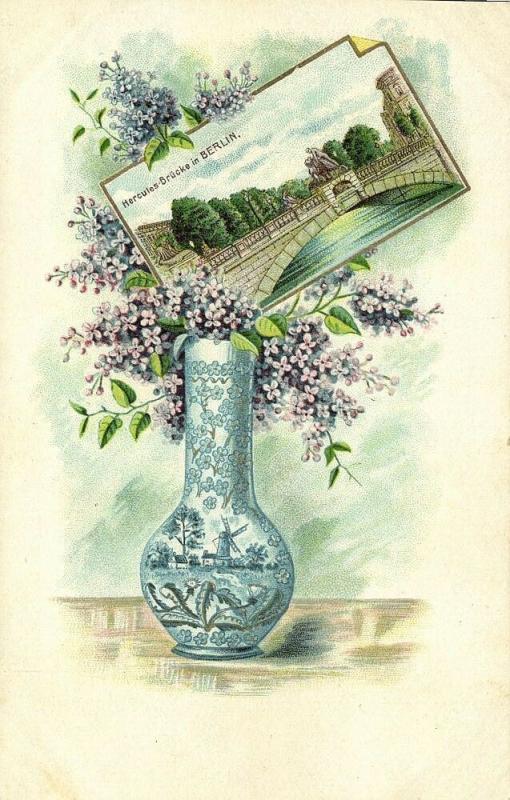 germany, BERLIN, Hercules Brücke, Litho Postcard with Flower Vase (1899)