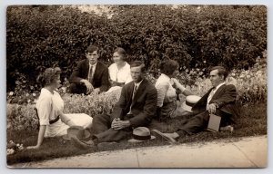 RPPC 3 Young Couples Relax on Grass~Postwar Ease~Courtship Conversation c1921