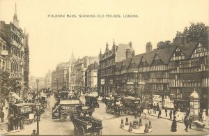 Postcard UK London tram carriage bus Holborn bars Old houses