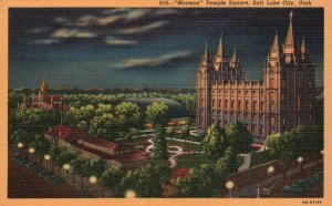 Vintage Postcard Mormon Temple Square At Night Stone Adobe Salt Lake City Utah