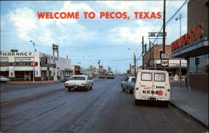 Pecos Texas TX Street Scene Drugstore Pharmacy 1950s-60s Postcard