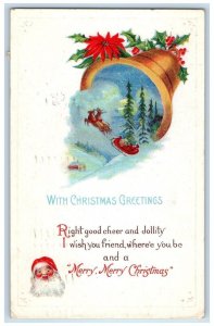 1921 Christmas Greetings Santa Reindeer Sleigh Bell Holly Flowers Seal Postcard