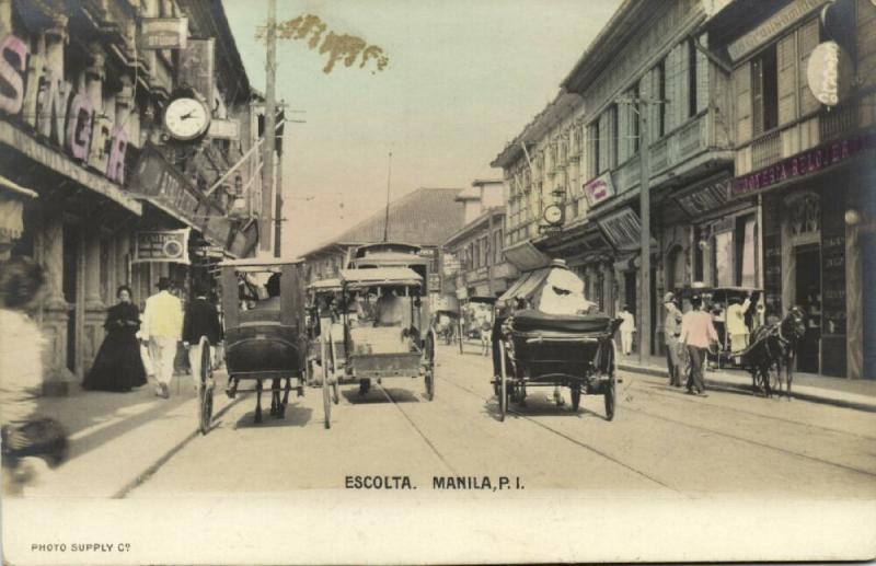 philippines, MANILA, Escolta, Street Scene with Horse Carts (1905) RPPC Postcard