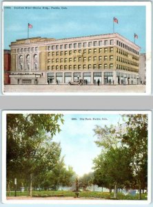 2 Postcards PUEBLO, Colorado CO  SCOTTISH RITE Shrine Bldg & CITY PARK ca 1920s