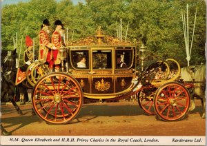 HM Queen Elizabeth & HH Prince Charles in the Royal Coach London Postcard PC528