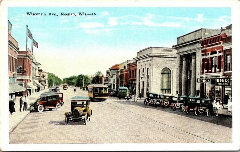 Neenah WI~Wisconsin Avenue~Drug Store~Bank~Vintage Cars~Trolley~1920s Postcard 