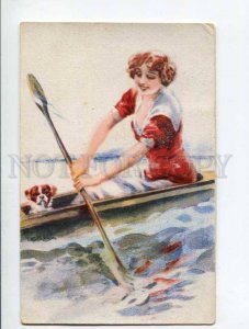 285534 USABAL Belle Woman & Pekingese PUPPY Boat ROWING Vintage postcard