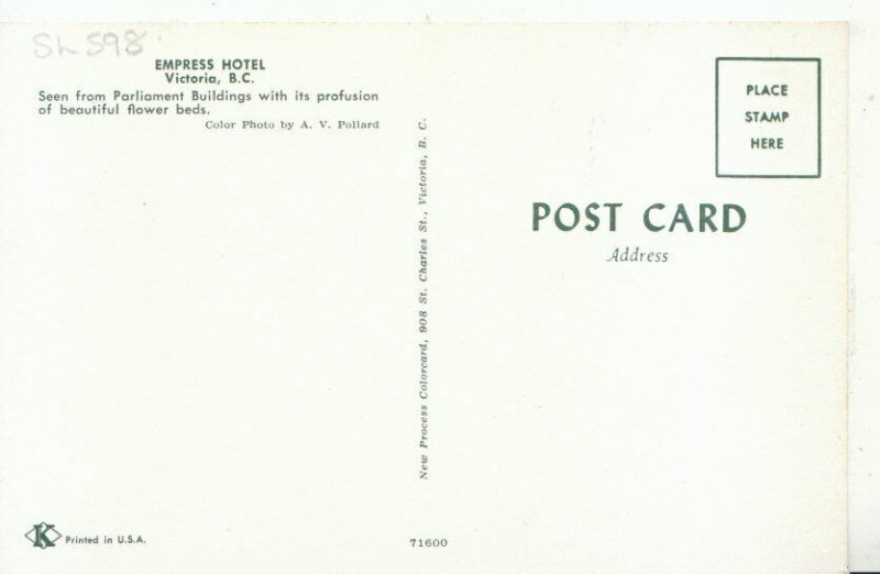 Canada Postcard - Empress Hotel - Victoria - British Columbia - Ref TZ1415