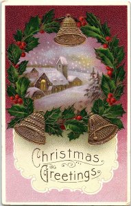 c1915 CHRISTMAS GREETINGS BELLS WREATH SNOW SUTTON NE EMBOSSED POSTCARD 39-273