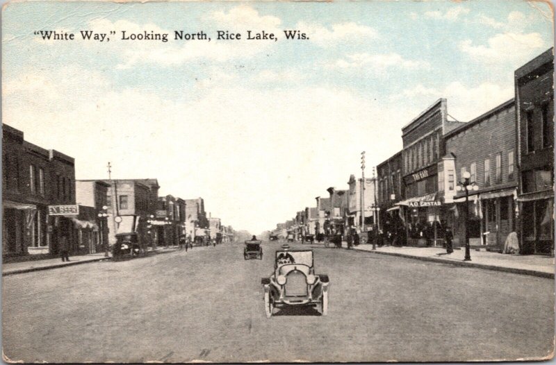 Postcard White Way Looking North in Rice Lake, Wisconsin