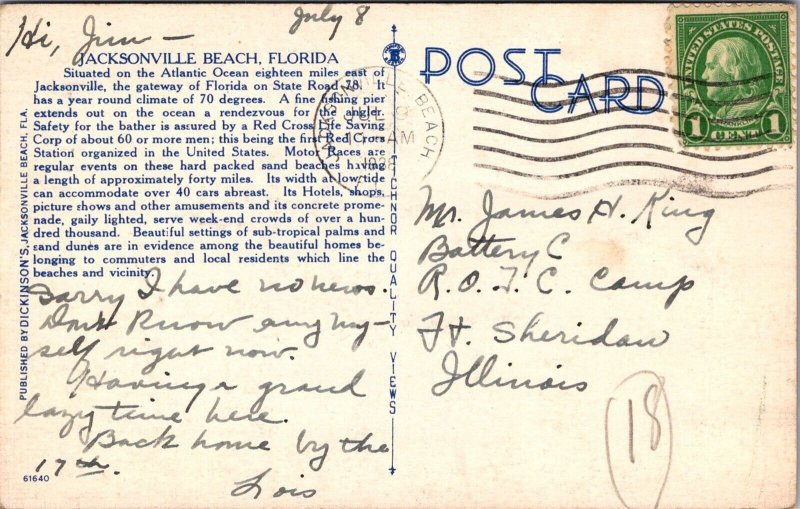 Promenade at Jacksonville Beach FL c1938 Vintage Postcard V41