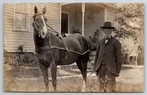 RPPC Man With Horse Woman At Well Pump  Real Photo Postcard J37