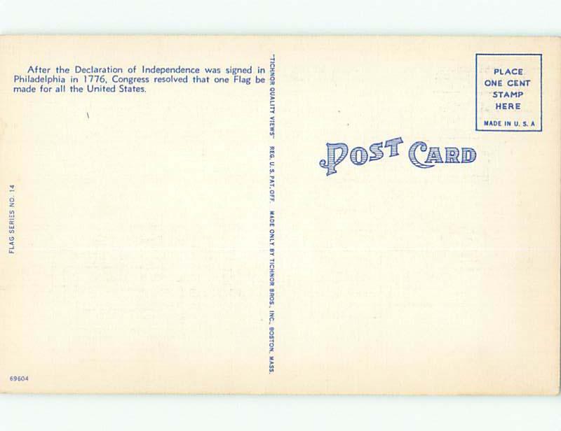 Unused Linen patriotic SIGNING OF DECLARATION & BIG 48 STAR FLAG k8271