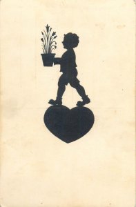 Early greetings postcard children silhouette novelty fantasy boy heart flowers