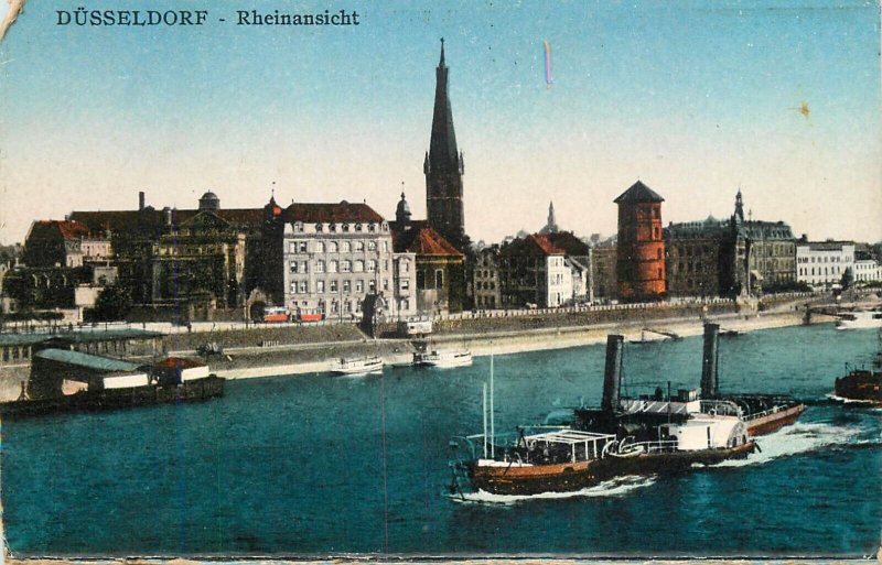Germany navigation themed postcard Dusseldorf Rheinansicht paddle steamer