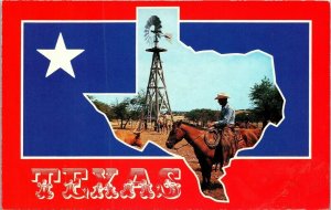 Texas TX State Card Windmill Horseback Rider Postcard Mike Roberts VTG UNP