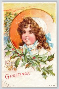 Maud Humphrey Christmas~Brown Eyed Girl in White Lace Cap~Pipe Curls~Pines~PC 53