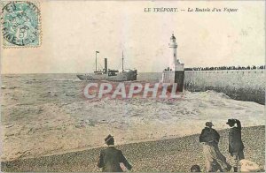 Old Postcard Le Treport The Rentree a Steam Bateay Lighthouse