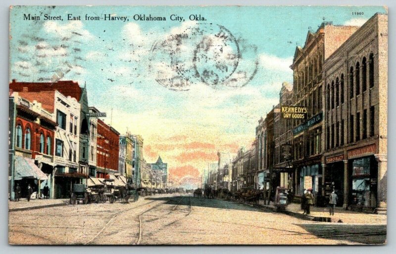 Oklahoma City~Main Street East @ Harvey~Kennedy Dry Goods Store~Hotel~1910 PC 