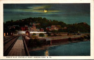 View of B&O Station at Night, Harpers Ferry WV Vintage Postcard O71