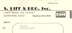 1939 S. LIFF & BRO CLEVELAND OHIO CAMEO CRAVATS WALL'S BILLHEAD INVOICE Z1005