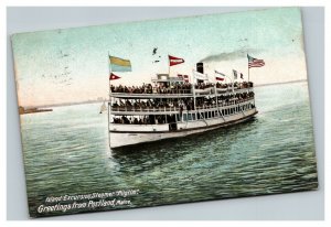 Vintage 1906 Postcard Flags Over Island Excursion Steamer Pilgrim Portland Maine