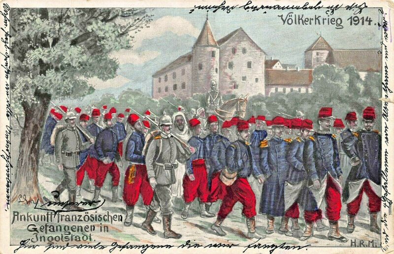 ANKUNLL FRANZÖSISCHEN GEFANGENEN INGOOLSTAOL~WW1 MILITARY ARTIST 1914 POSTCARD 