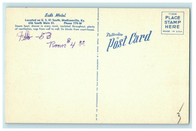 1963 Sid's Motel Madisonville Kentucky KY Classic Car Vintage Postcard 