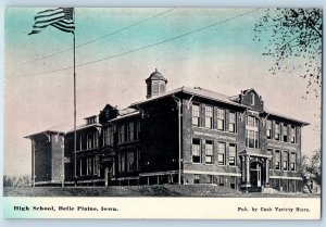 Belle Plaine Iowa IA Postcard Residence High School Building Flag c1910s Antique