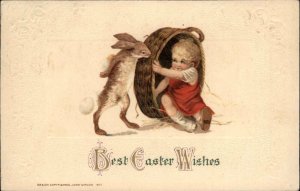 Easter Child Baby Playing Bunny RabbitEmbossed Winsch c1912 Postcard