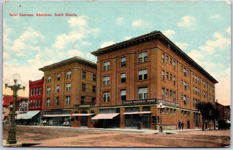 Hotel Sherman Aberdeen South Dakota SD National Bank Street View Postcard