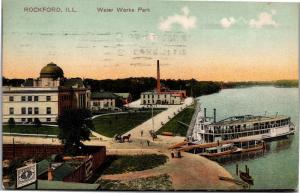 Water Works Park, River, Boats Rockford Illinois c1908 Vintage Postcard L19