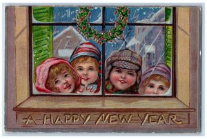 c1910's New Year Four Little Girls In Window Wreath Snow Winter Antique Postcard 
