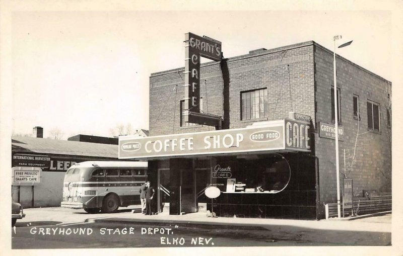 RPPC Greyhound Stage Depot ELKO, NV Grant's Cafe Roadside 1950s Vintage Postcard