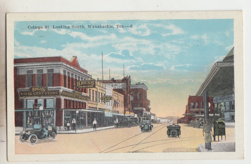 P3009, 1945 postcard kress 5 & 10c store sign old cars etc waxahachie texas