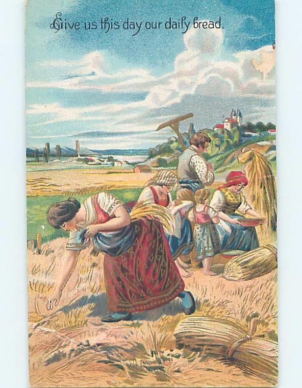 Pre-Linen suffrage WOMEN WORKING IN HAY FIELD & DAILY BREAD PRAYER HL6452