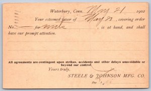 K44/ Waterbury Connecticut Postcard c1902 Steele & Johnson Manuf. Postal 408